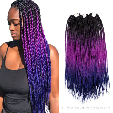Wholesale Ombre Purple Blue 24 inch 24 Roots/pack Heat Resistant Fiber Bulk Box Braid Crochet Synthetic Braiding Hair Extensions